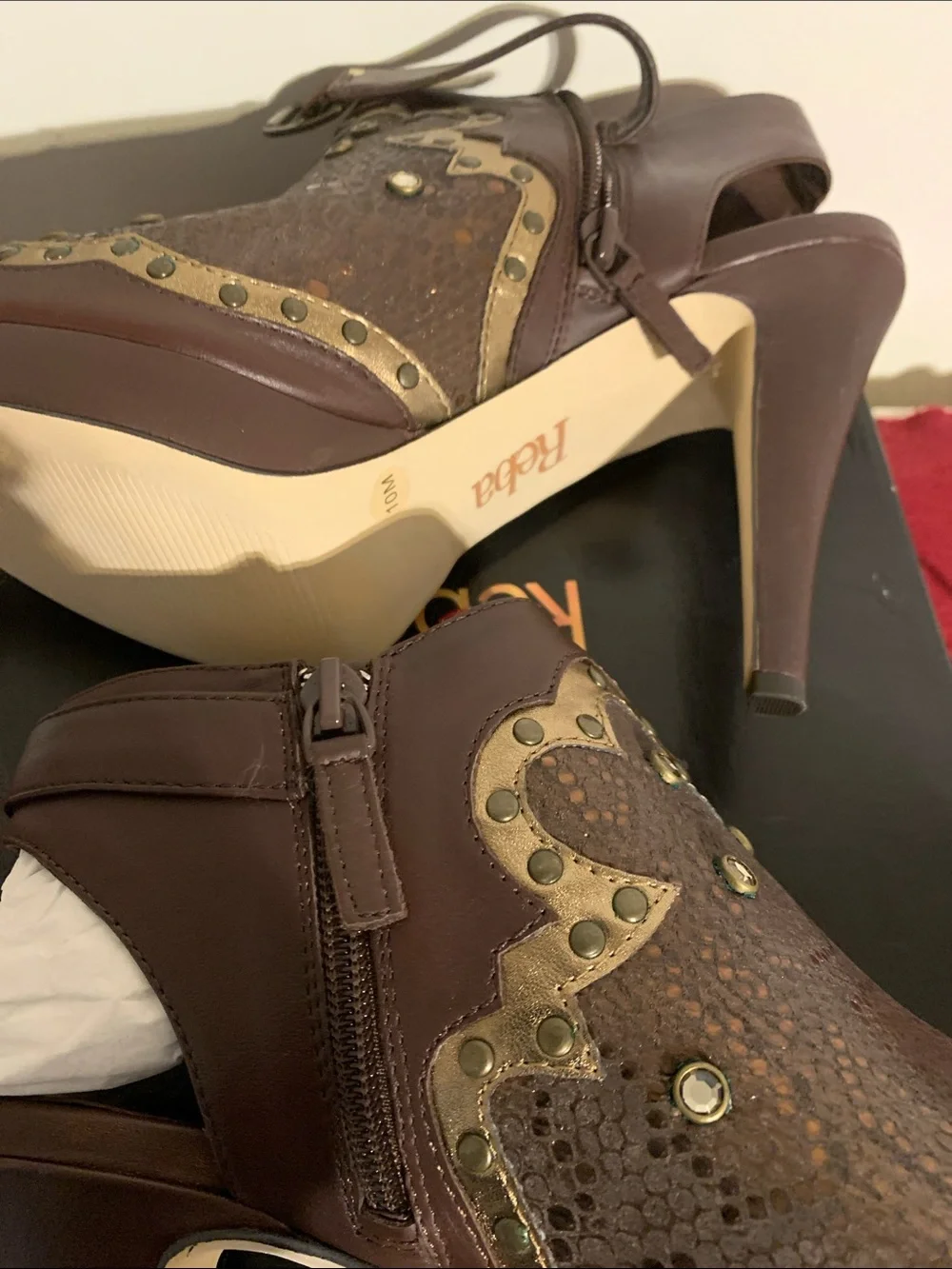 Reba Brown Leather Peep-Toe Studded Slingback Heels